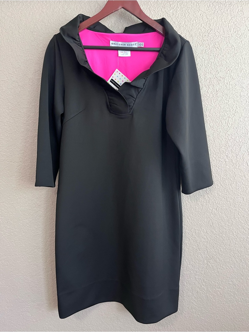 Gretchen Scott Black & Pink Ruffle Neck Jersey Dress - Size Large NWT - Picture 7 of 13